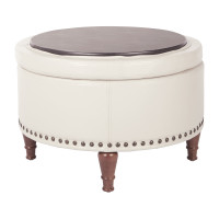 OSP Home Furnishings ALL-PD28 Alloway Storage Ottoman in Cream Faux Leather with Antique Bronze Nailheads